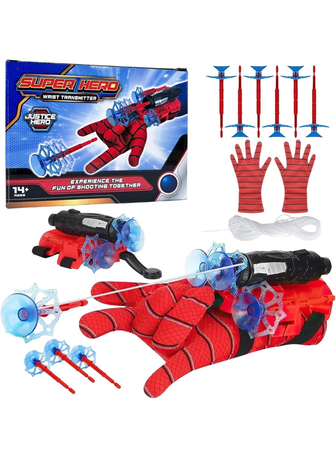 Super Spider Launch Set of 2 – Web Shooter Wrist Launcher with Gloves & Suction Cup Darts, Spider Hero Cosplay Toy for Kids Birthday Gift