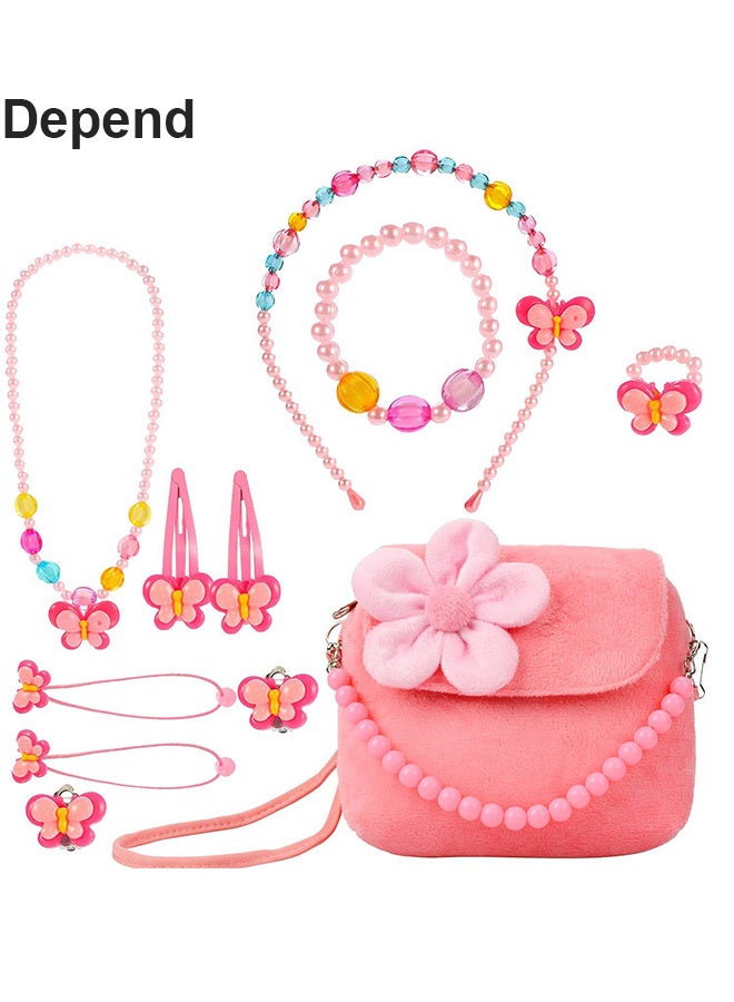 Kids Jewelry Little Girls Plush Handbag Necklace Bracelet Ring Hair Clips Set Game of Children, Baby Girls Games Jewelry Party Favors Gift for Dress up Pretend Play