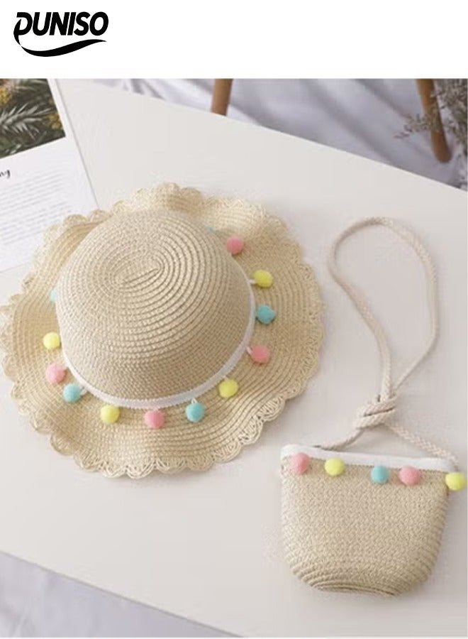 2 Pcs Summer Hat Bag Set，Girls Summer Straw Hat with Shoulder Bag Set，Wide-brimmed Hat with a Floral Ribbon and a Soft Woven Straw Shoulder Bag，for Beach, Travel, and Outings for Girls