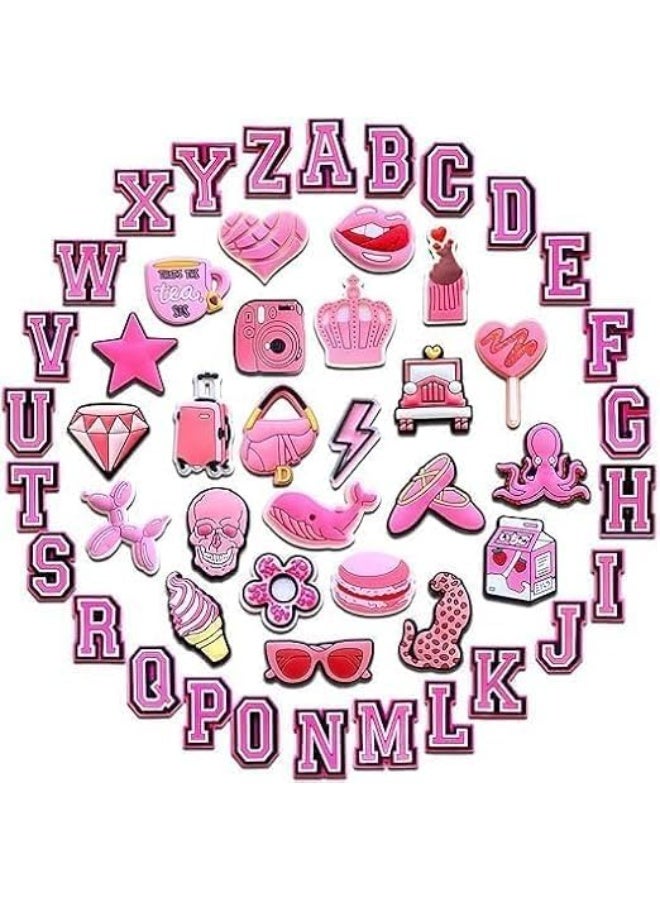 50 PCS Pink Alphabet Numbers Shoe Charms for Clog, Pink Preppy A-Z Letters Charms Decoration for Girl Women Party Favor Gifts