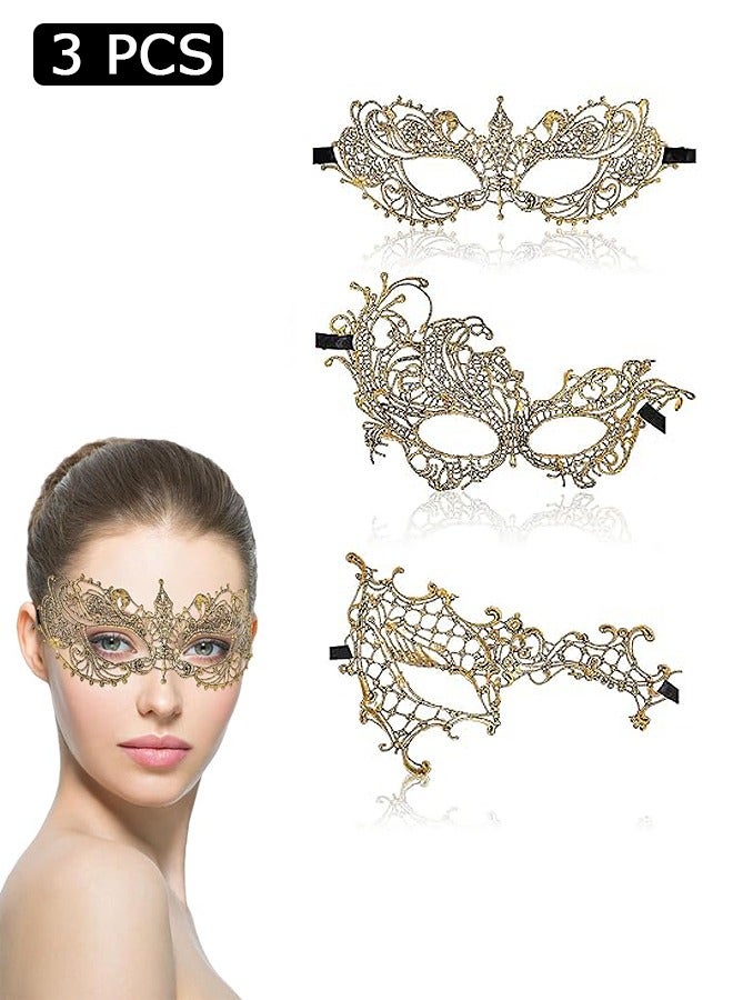 3 Pcs Mysterious Lace Masks, Half Face Lace Eye Masks, Masquerade Costume Party Mask (Gold)