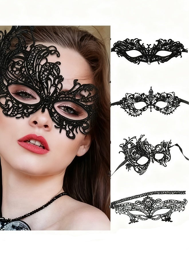 4 Pieces Women Lace Eye Mask, Masquerade Masks Mysterious Face Venetian Eyemask for Carnival Party Costume Ball, Black
