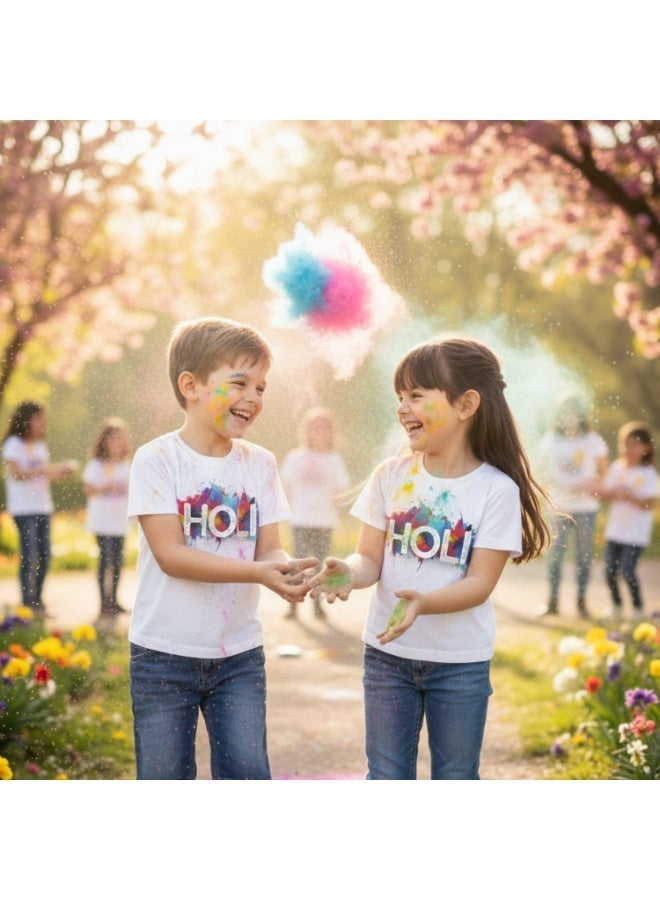 Holi Tshirt for Kids – Unisex White Cotton Printed Round Neck Happy Holi T shirts for Boys and Girls | Color Splash Design with Handprint on Back |