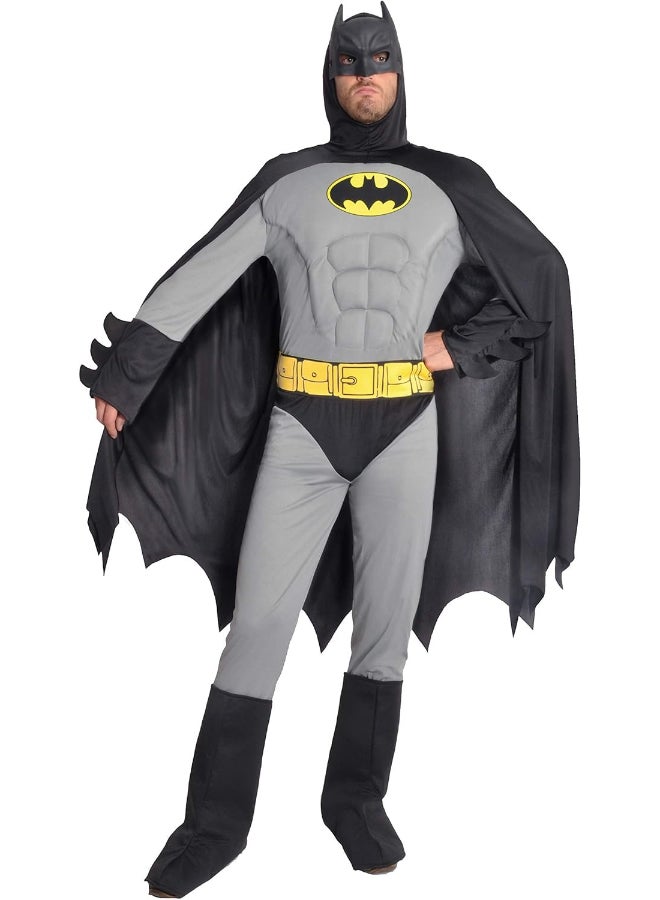 Batman Adult Muscle Costume Grey Size L | Official DC Comics Superhero Outfit with Padded Muscle Jumpsuit, Cape, Mask, Belt & Overboots