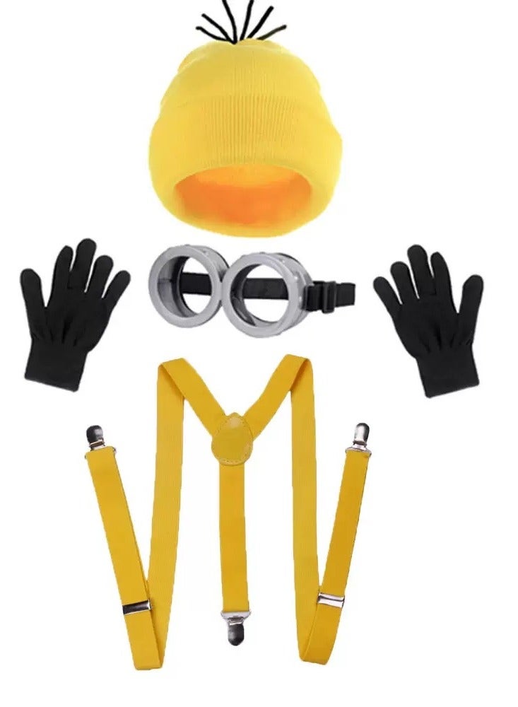 4 Pcs Halloween Costume Accessories Adults-Yellow Beanie hat/Goggles/Gloves/Suspenders for Halloween Dress Up