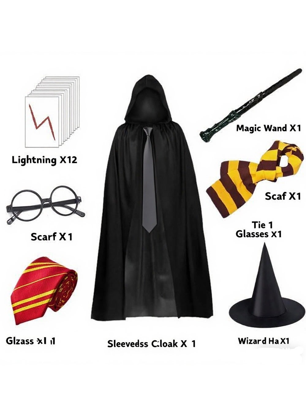 7 PCS set Harry Potter-style Cosplay robes costume adults & children & Kids & Teens lightning cloak tie small scarf glasses frame magic wand magic hat average size