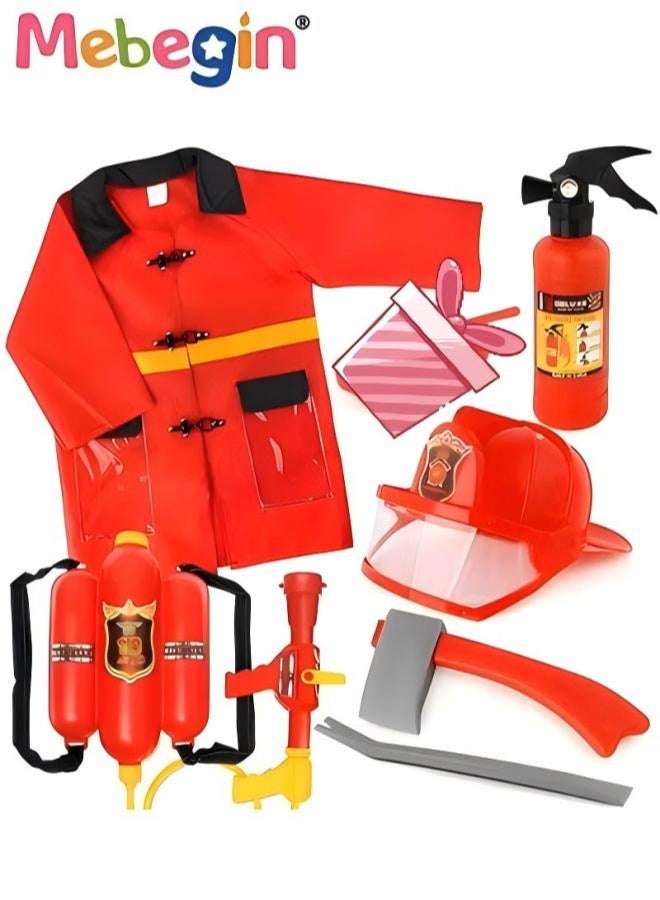 7 PCS Kids Firefighter Costume Role Play Kit Set with Accessories Included Jacket, Helmet, Plastic Axe and Extinguisher, Fireman Role Play Outfit Toys