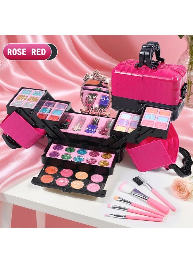 Kids Makeup Kit, Real Kids Makeup Set Washable Makeup Set Toys for Girls with Portable Makeup Box Including Lipstick, Eye Shadows and So On, Girls Toys for Girls Aged 5 6 7+ Year Old (rose red)