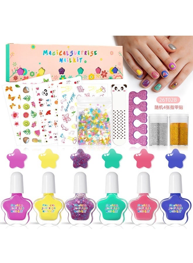 Kids Nail Polish, 6 Colors Non-Toxic Water Based Peel-Off Nail Polish Set with 4 Stickers And tools, Non Toxic & Safe Nail Polish Set for Girls Ages 5+ for Parties, Birthday and Makeovers