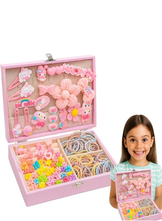 156Pcs Princess Dress Up Hair Accessories Set – Jewelry Box with Hair Clips & Ties for Little Girls