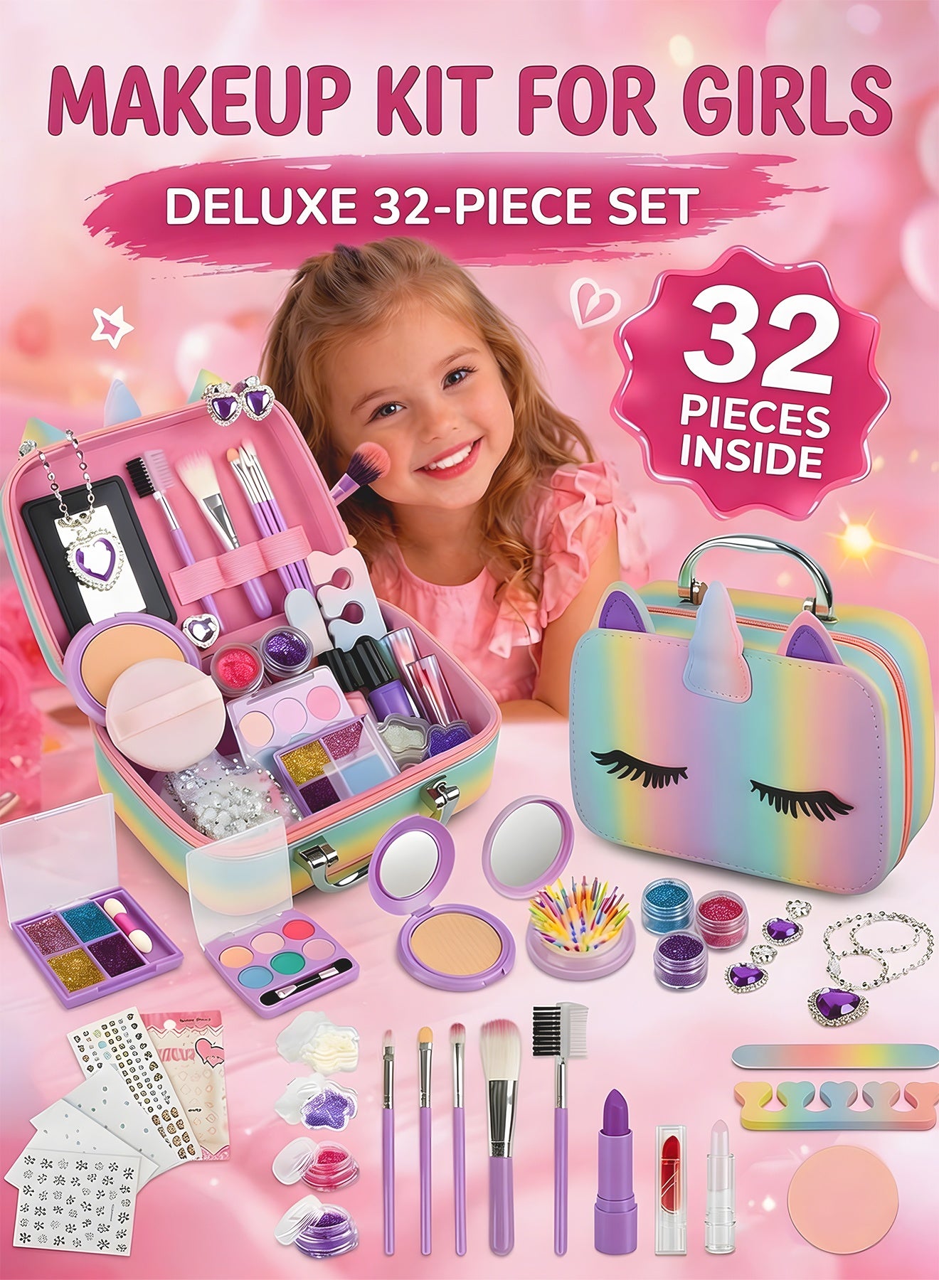 Kids Makeup Kit for Girls 32PCS – Unicorn Real Washable Makeup Set for Kids Ages 4-12, Non-Toxic Pretend Play Cosmetics with Makeup Bag, Birthday Gift, Unicorn Toys for Girls