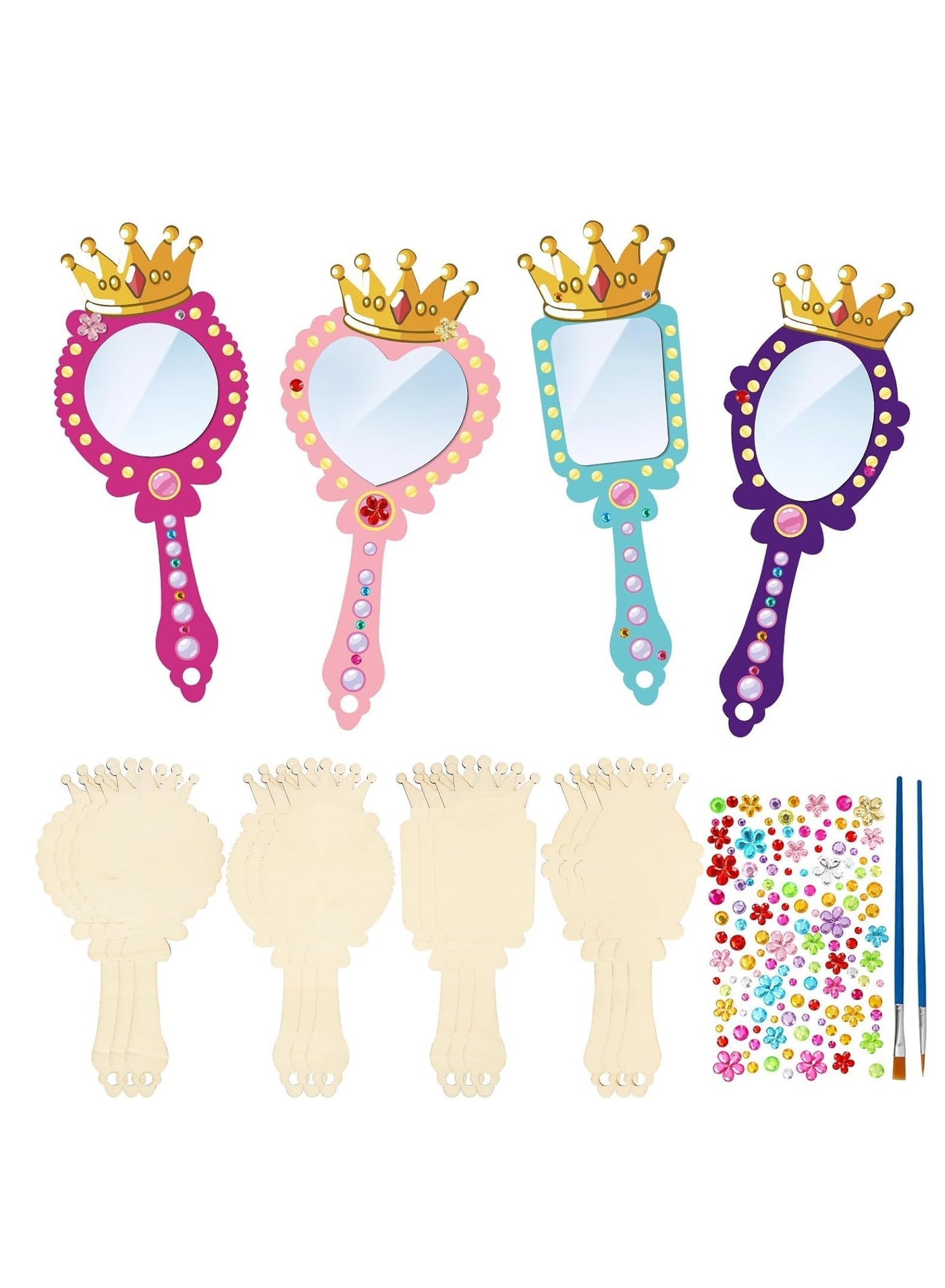 12 Pack Wood Mirror Crafts for Kids, DIY Mini Wooden Princess Mirror Unfinished Handheld Mirror with 2 Painting Brushes and 3 Stickers for Handmade Craft, Birthday, Gift