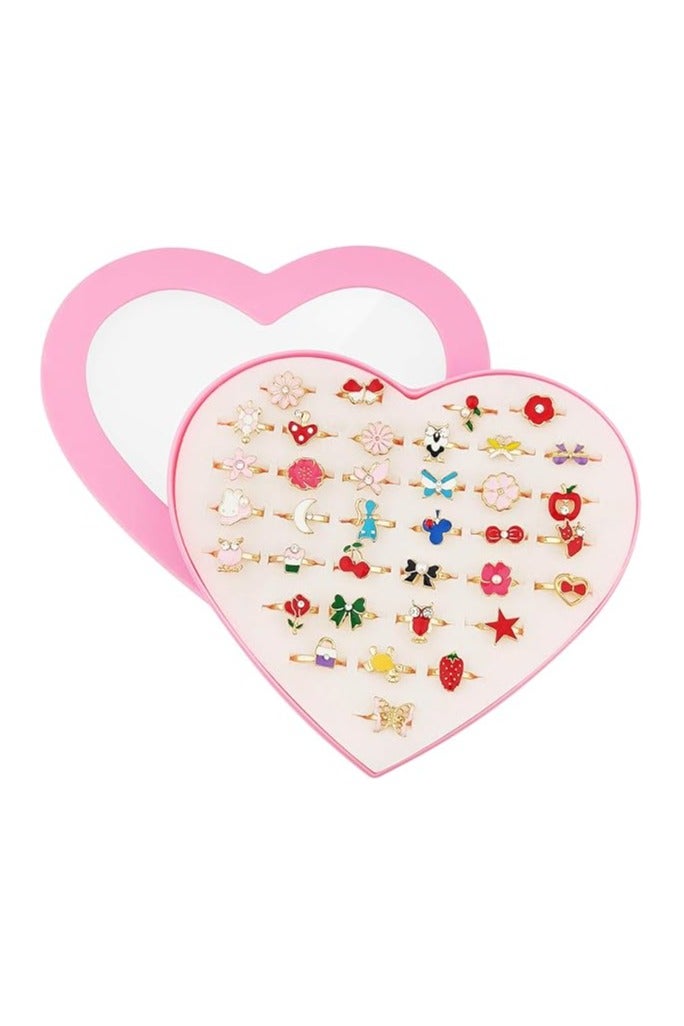 36 Pcs Adjustable Rings in Box, No Duplication, Children Kids Little Girl Pretend Play and Dress up Jewelry Set with Heart Shape Display Case