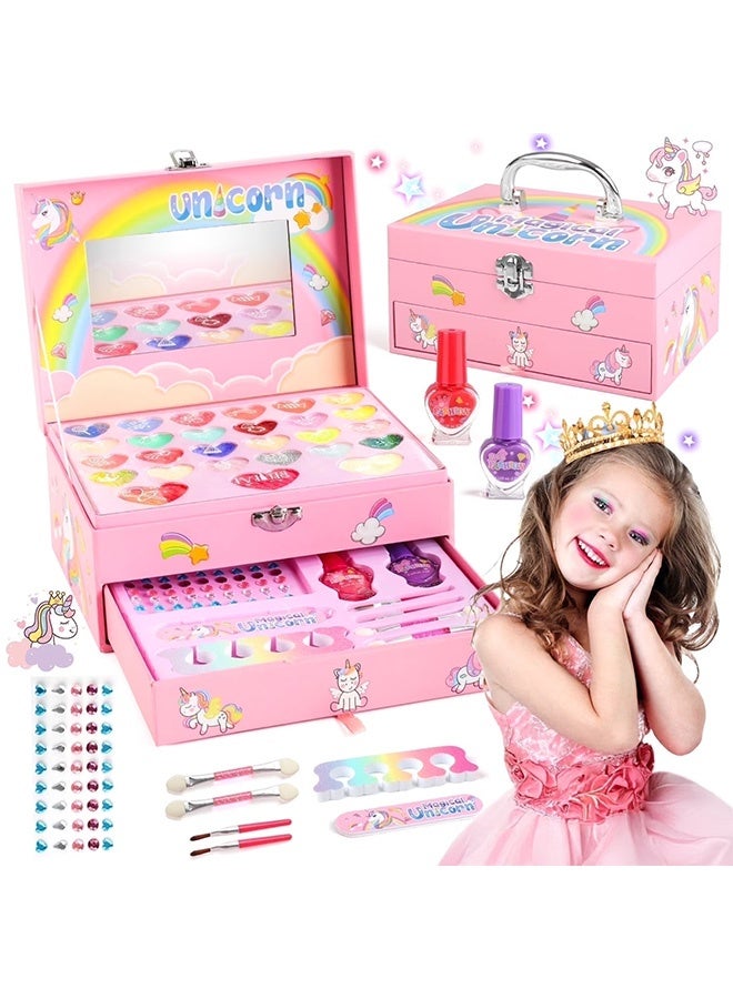 Kids Makeup Kit for Girls,36PCS Girls Unicorn Makeup Kit,Real Washable Pretend Play Cosmetic Set with Mirror,Little Girls Princess Make Up Toys, Pink