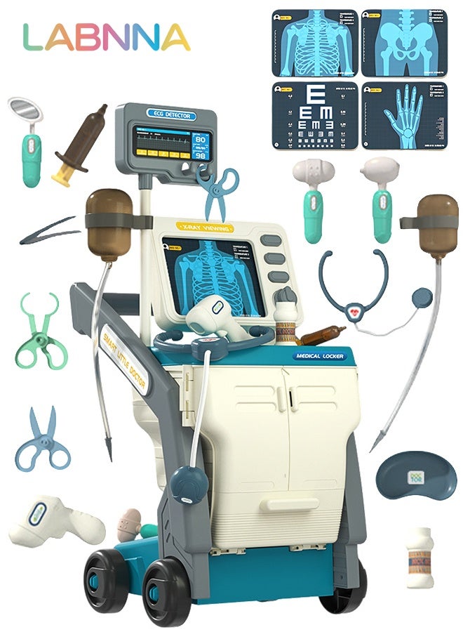 16PCS Medical Playset with Medical Cart, Medical-themed Pretend Toys, Simulation Play Doctor Toys Set with Various Accessaries, Creative Safety Play House Toys, Ideal Gift for Kids Aged 3+, 2 AA Batteries Required(Not Included)
