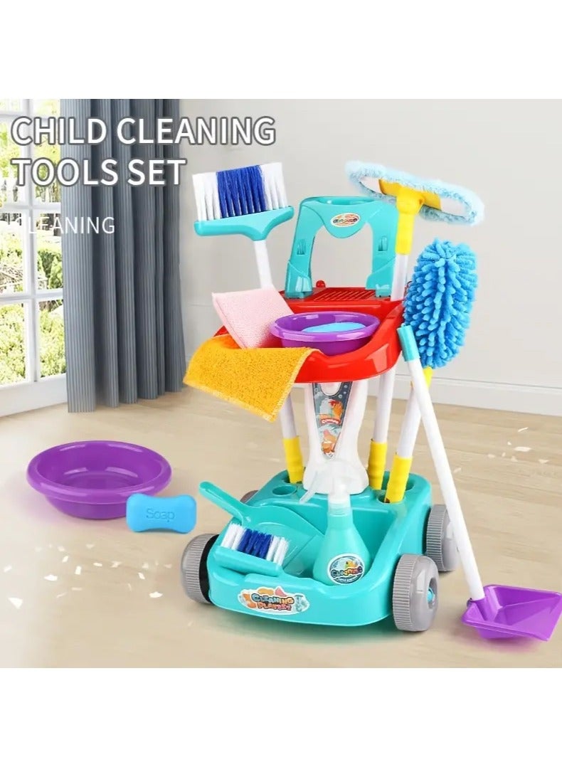 11 Pcs Kids Cleaning Toys Set Household Playset Pretend Play Housekeeping Clean Cart Toy