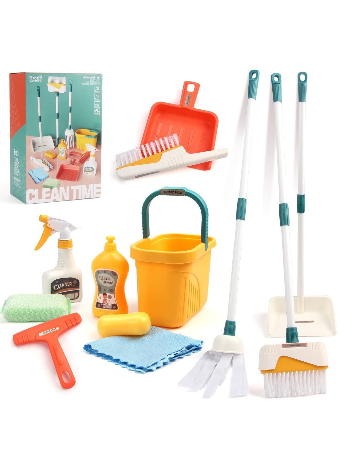 Kids Cleaning Set 12 Piece, Toy Cleaning Set Includes Broom, Dustpan, Mop, Brush, Spray, Scraper, Bucket, Sponge and More, Pretend Play Housekeeping Kit for Toddlers