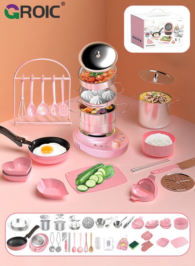 35PCS Kid Cooking Set,Montessori Kitchen Tools,Utensils includes Stove Burner Aprons Cooking Tool for Real Food Making,Play Food Set for Kids Kitchen,Play Kitchen Appliances(Pink)