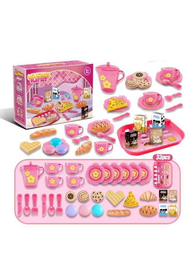 33 PCS Pink Afternoon Tea Desserts, Role-playing Toys, Birthday Gifts for Girls,Pretend Play Preschool Kitchen Food Toys for Girls Gifts for 3-8 Years Old