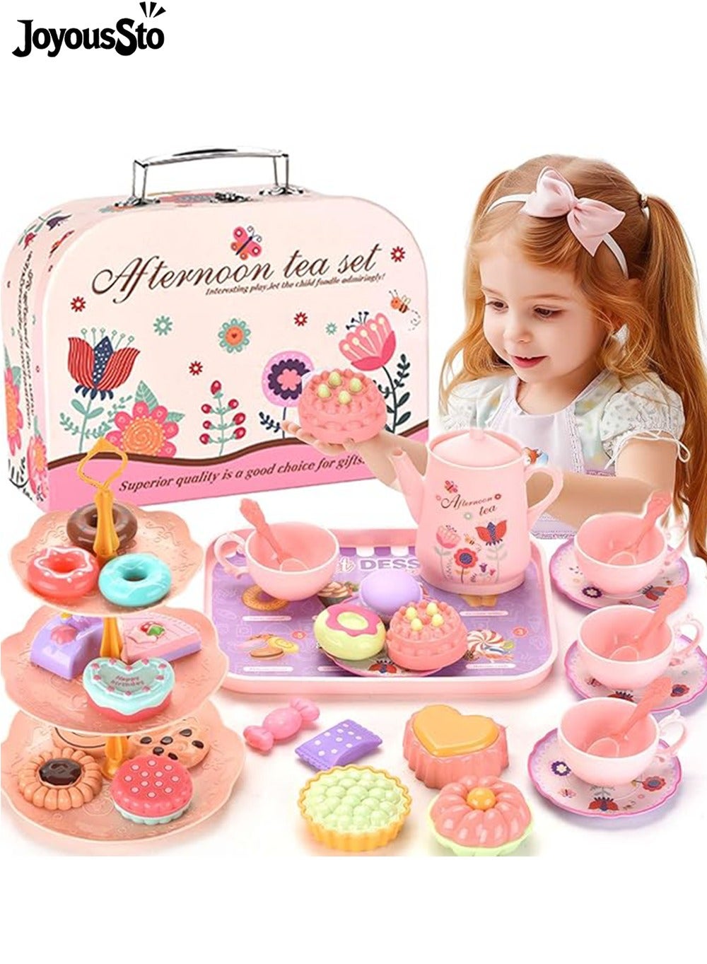Tea Set for Little Girls，Toddler Toys Tea Party Set for Age 3+ Years Old, Play Kitchen  Toy with Carrying Case, Teapot, Cups, Saucers, Dessert Toys & Tray | Gift for Little Girls Birthday，Princess Kids Kitchen Pretend Toy