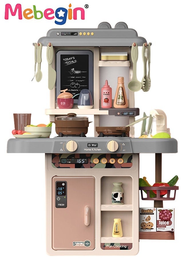 55Pcs Pretend Kitchen Toy Set with Accessories, Kitchen Play Set Toy with Realistic Light Sound Steam Simulation, Indoor Kitchen Cooking Playset Toys with Water Outlet, Toys for Children Kids Girls