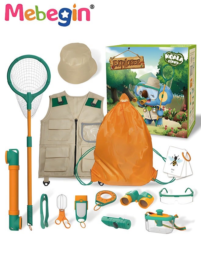 Kids Outdoor Explorer Kit ، Kiting Kiting Kit ، Nature Adventure Kit مع شبكة الفراشة ، مناظير ، قبعة ، سترة ، صافرة ، معدات التخييم للأطفال ، ألعاب تعليمية للأطفال