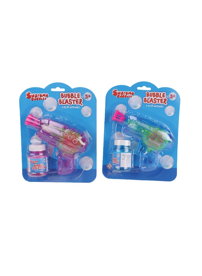 FICTION LIGHT UP BUBBLE SHOOTER WITH 45ML BUBBLE SOLUTION,
2*AG3 BUTTON BATTERIES INCLUDED, 2ASTD