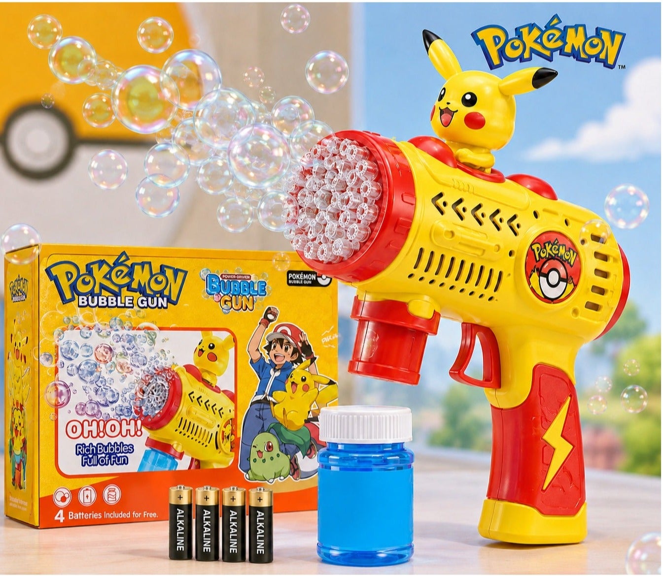 Pokemon Bubble Gun Toy for Kids Automatic Bubble Machine with 4 Free AA Batteries Included Outdoor Summer Bubble Shooter for Boys and Girls