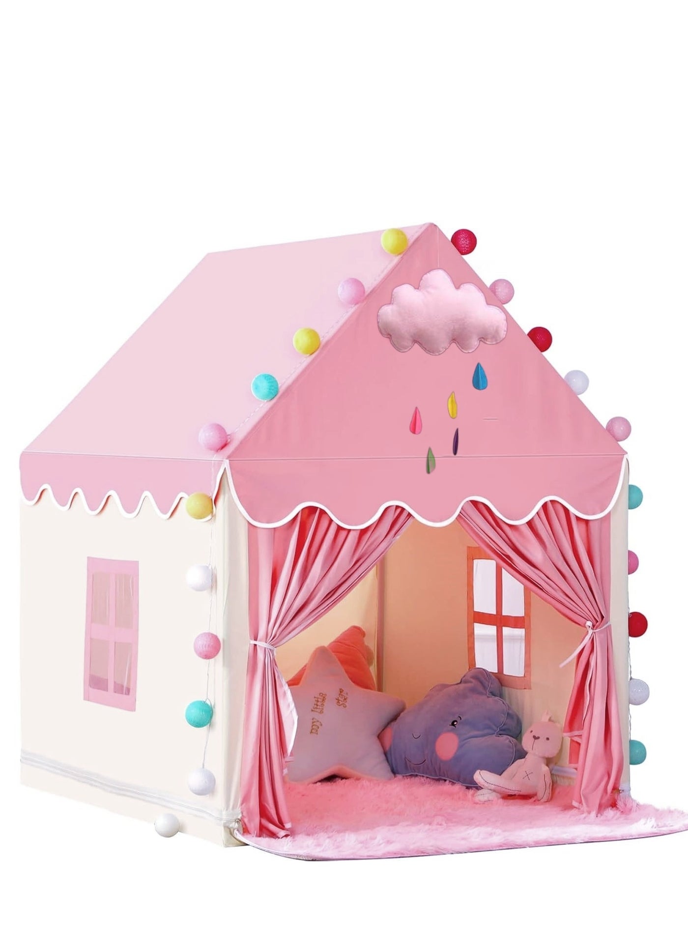 Kids Playhouse with LED Lights and Coral Fleece Mat, Children's Play Tent Activity Center, Cute Princess Castle Game House for Girls, Suitable for bedrooms, living room, backyards, parks (Pink Color, Size 51" x 47" x 41")