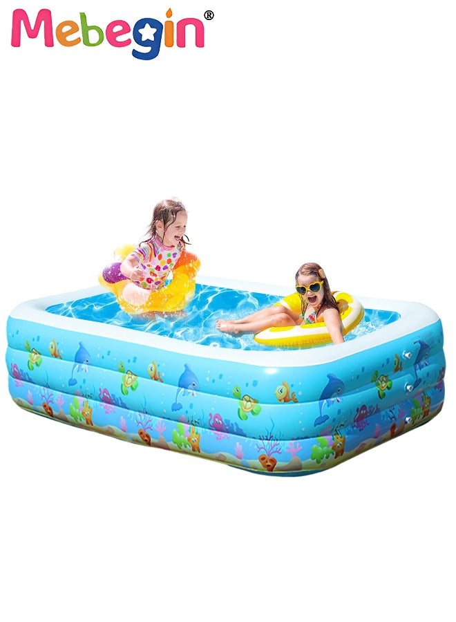 130*90*48cm Rectangle Shape Inflatable Swimming Pool with Marine Animal Print, Thickened Swimming Pool, Paddling Pool with Inflatable Safety Bubble Bottom, Durable Multifunctional Blow up Pool, Family Lounge Pool, Ideal Choice for Indoor Entertainment and