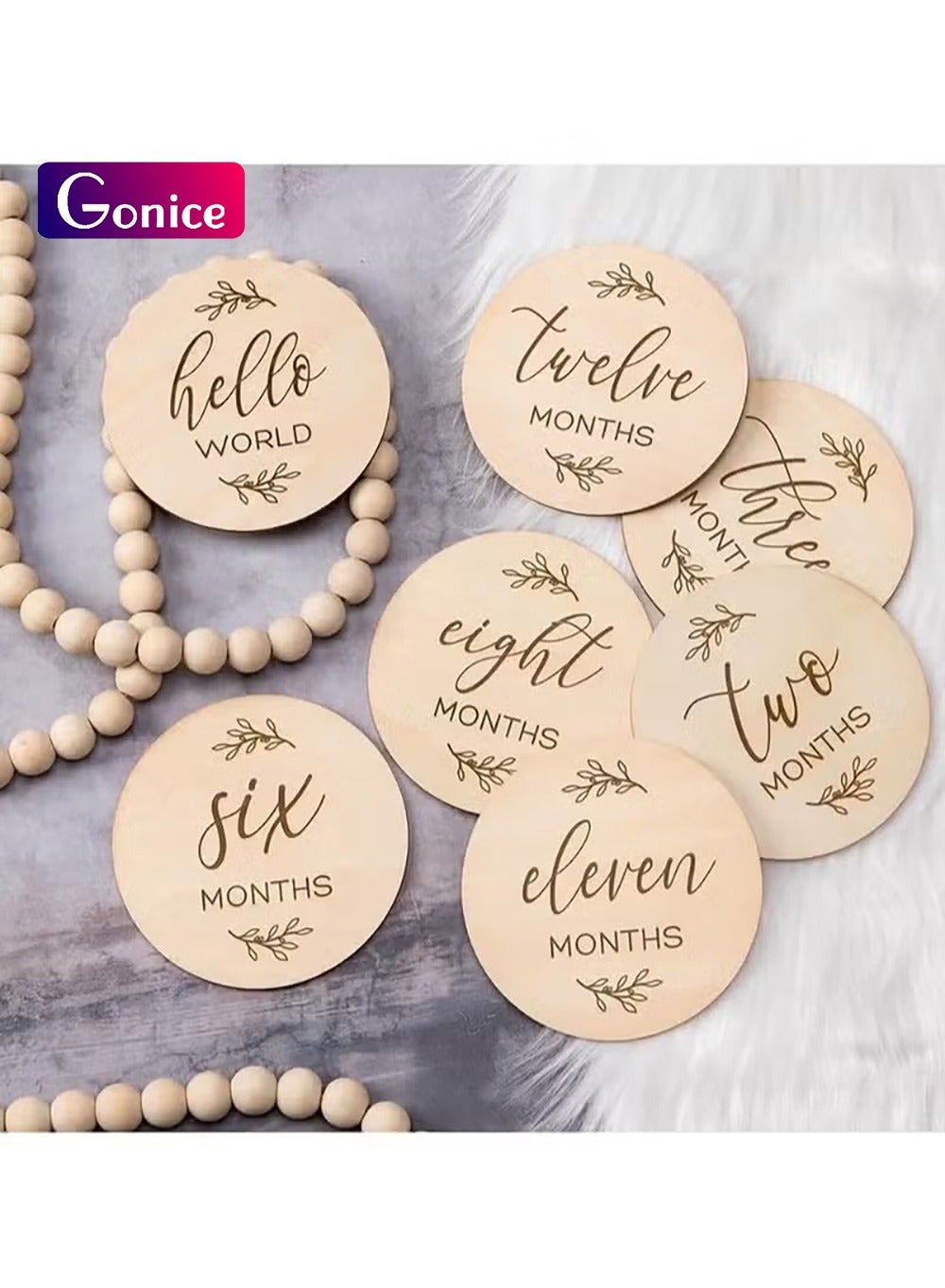 Baby Monthly Milestone Cards Sign - 7 Cute Double Sided Wooden Circles Discs Newborn Memento
