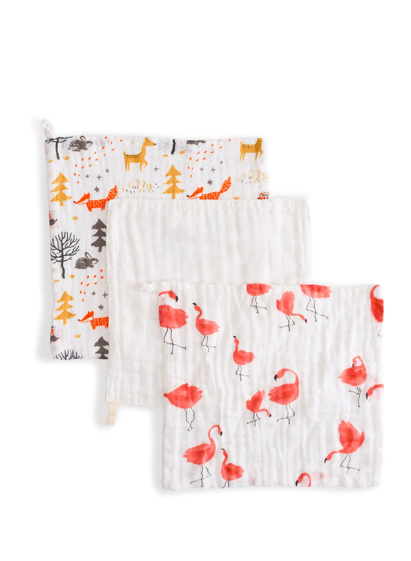 Muslin Face and Burp Cloth Organic Cotton Set of 3 Flamingo and Fox
