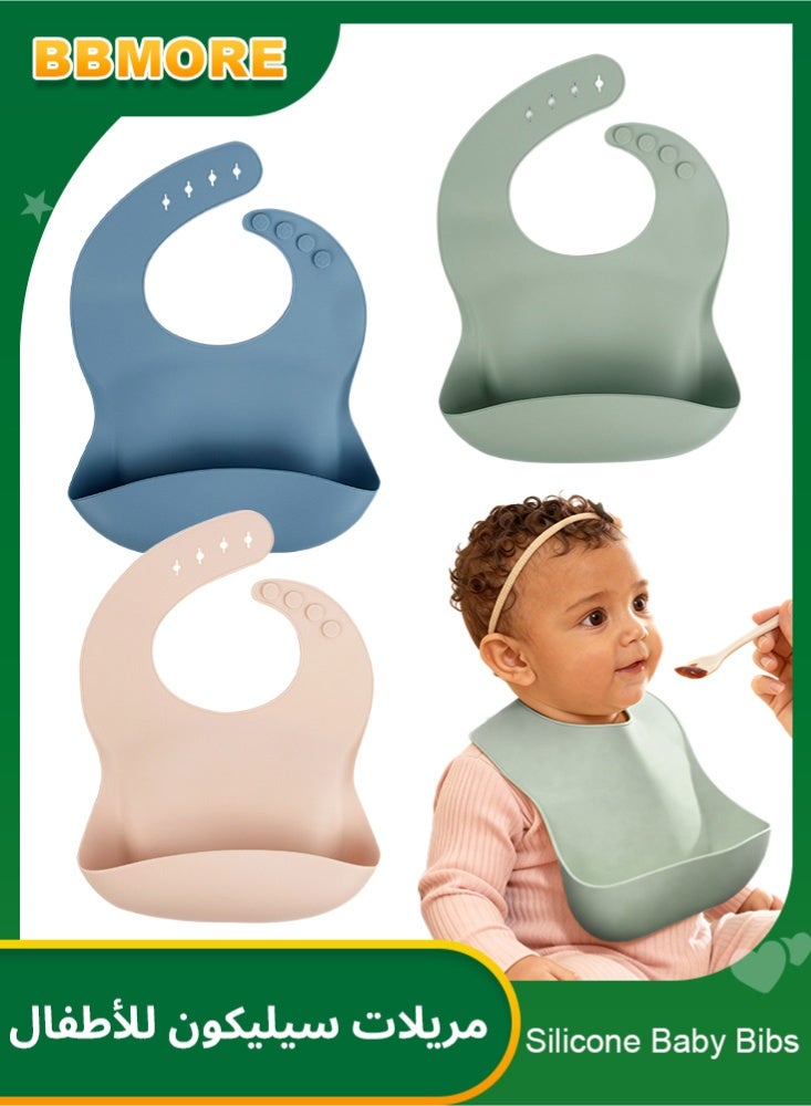 3-Pack Soft Silicone Baby Bibs for Infants & Toddlers – Waterproof, Stain-Resistant with Food Catcher Pocket, Adjustable Strap, Dishwasher Safe – Ideal for Ages 10 Months to 6 Years