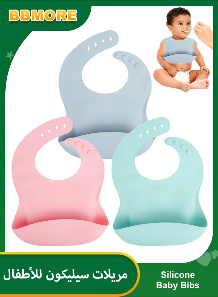 3PCS Silicone Baby Weaning Bibs, Adjustable Waterproof Baby Feeding Bibs with Food Catcher Pocket, Unisex Soft and Easily Wipe Clean for Infant Toddler