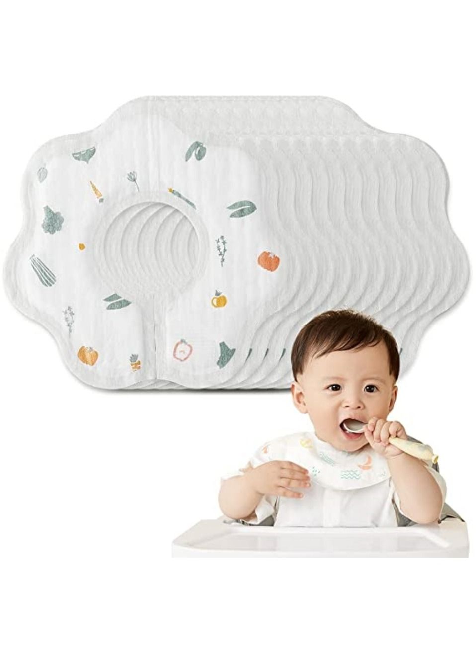 Baby Disposable Drooling Bibs 20 pcs, 360°Rotate Bibs for Teething and Drooling, Unisex Baby Bibs, Fruit Pattern