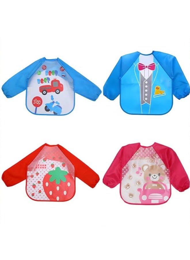 Baby Bibs With Sleeves,4 Pack Waterproof Long Sleeve Bib,Kids Painting Bib,Cute Pattern Feeding Bibs,Unisex Feeding Bibs For Infant Toddler 6 Months To 3 Years,Multi-Color And Multi-Pattern