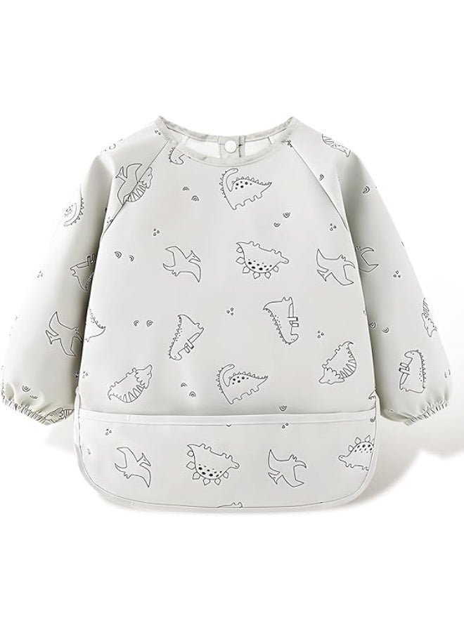Weaning Bib, Skin-Friendly Baby Weaning Bib, Waterproof Baby Bibs 6-12 Months PU Baby Bibs with Sleeves Washable Coverall Bibs for Baby for Toddler and Baby Feeding (White)