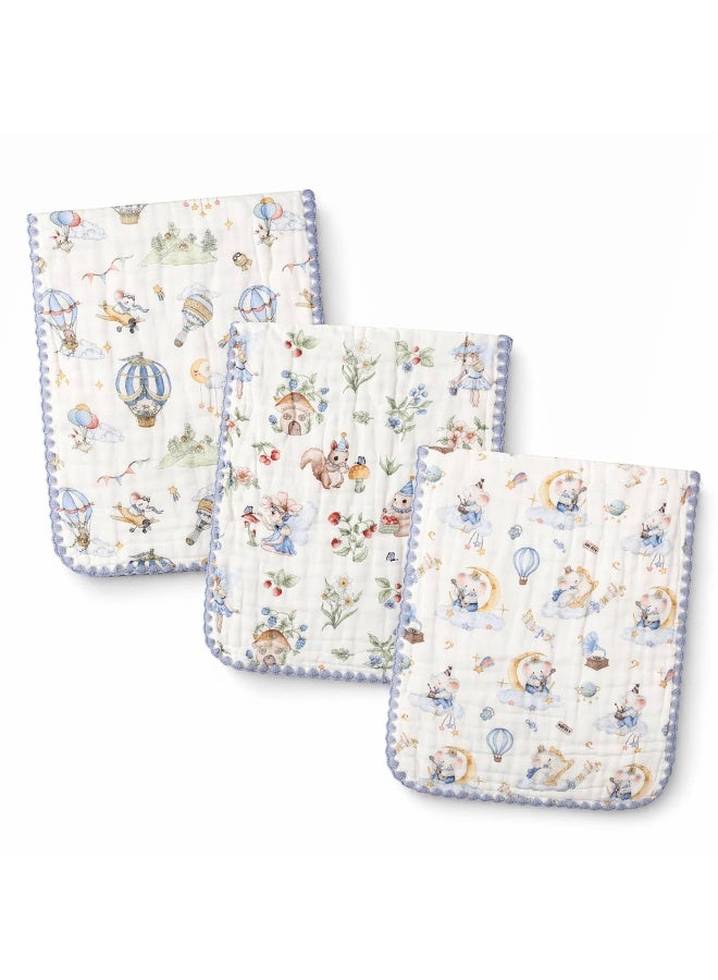 RooRound 3 Pack 6-Layer Muslin Cotton Baby Burp Cloths, Ultra Soft Absorbent Newborn Washcloths, Cute Bear Print Multi-Purpose Shoulder Burp Towels for Newborns (Blue)