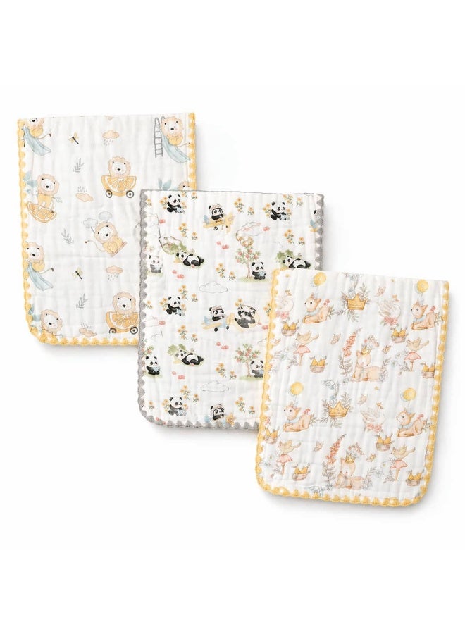 RooRound 3 Pack 6-Layer Muslin Cotton Baby Burp Cloths, Ultra Soft Absorbent Newborn Washcloths, Cute Bear Print Multi-Purpose Shoulder Burp Towels for Newborns (Yellow)