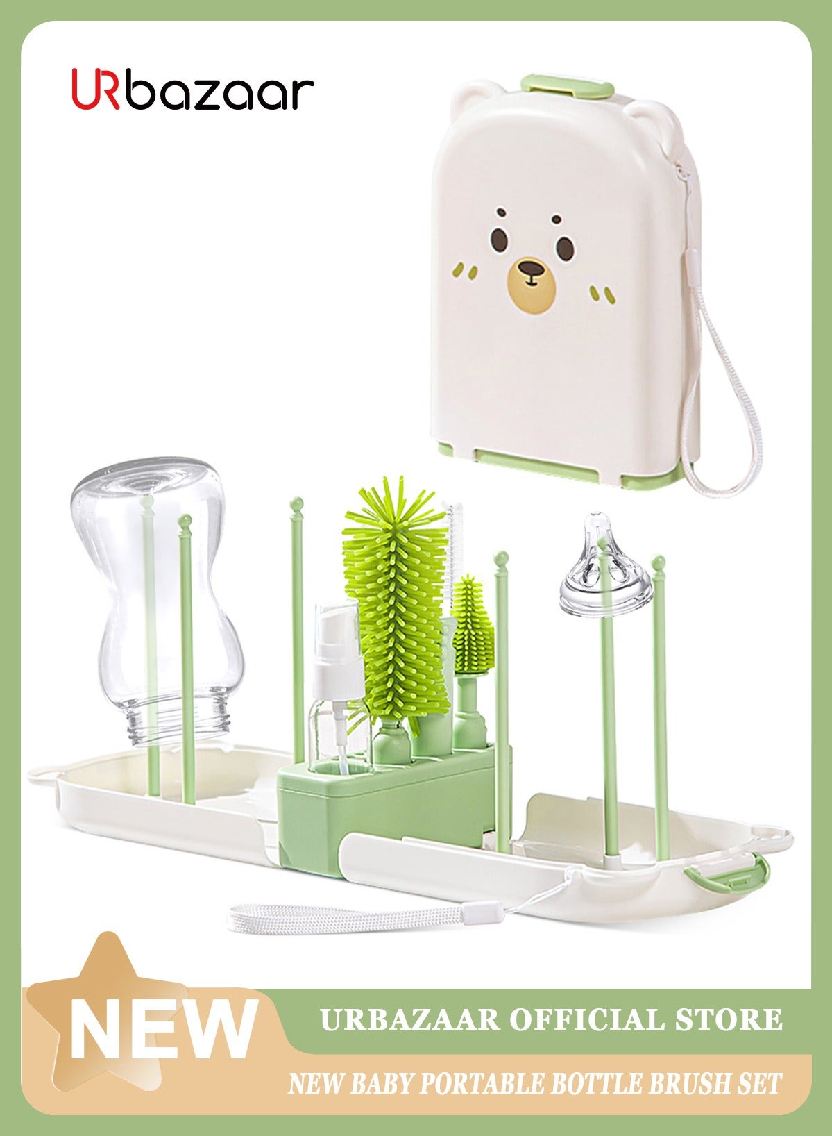 6 In 1 Baby Bottle Cleaner Kit With Silicone Brush, Nipple Brush, Straw Brush, Drying Rack (Green Bear)