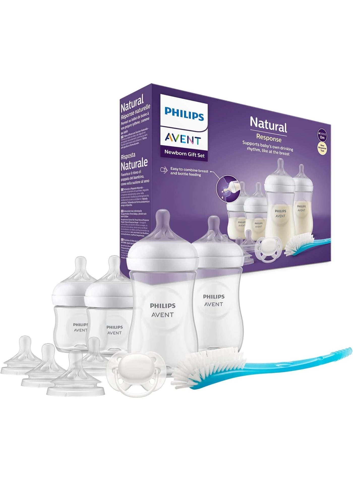 Philips Avent Baby Bottle Newborn Gift Set - 4 Baby Milk Bottles, 2 Extra Nipples, Ultra-Soft Pacifier and Bottle Brush, Babies Aged 0-12 Months+ (Model SCD838/13)