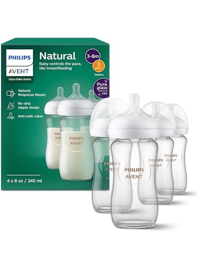 Philips AVENT Glass Pack Of 4 Natural Baby Bottle with Natural Response Nipples (Medium Flow, Flow 3), 3-6M, Clear, 240ml