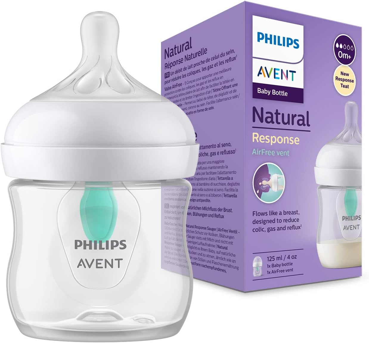 Philips Avent Natural Response Baby Bottle - 125ml with AirFree Vent, BPA Free for Newborns