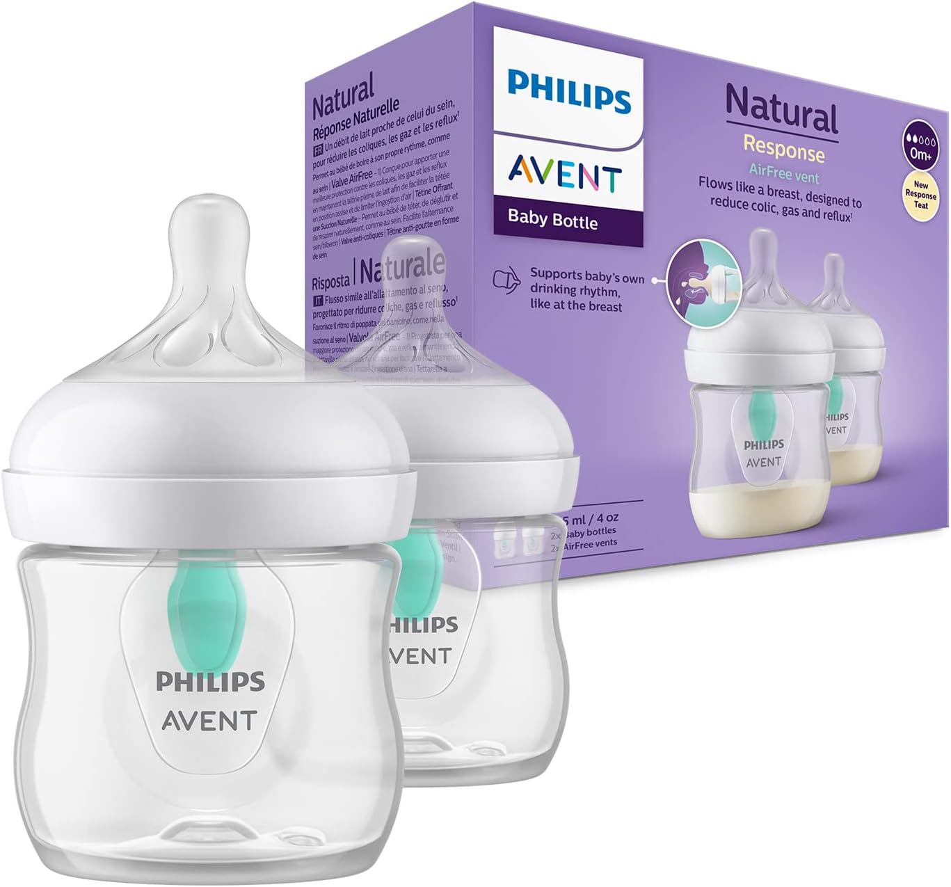 Philips Avent Natural Response Baby Bottle - 2 Pack of 125ml with AirFree Vent, BPA Free for Newborns