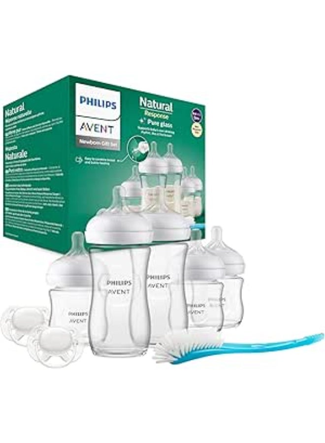 Philips Avent Natural Response Newborn Glass Gift Set - 5 x Baby Bottles, 2 x Philips Avent Ultra Soft Soother 0-6 Months, Bottle Brush, BPA Free