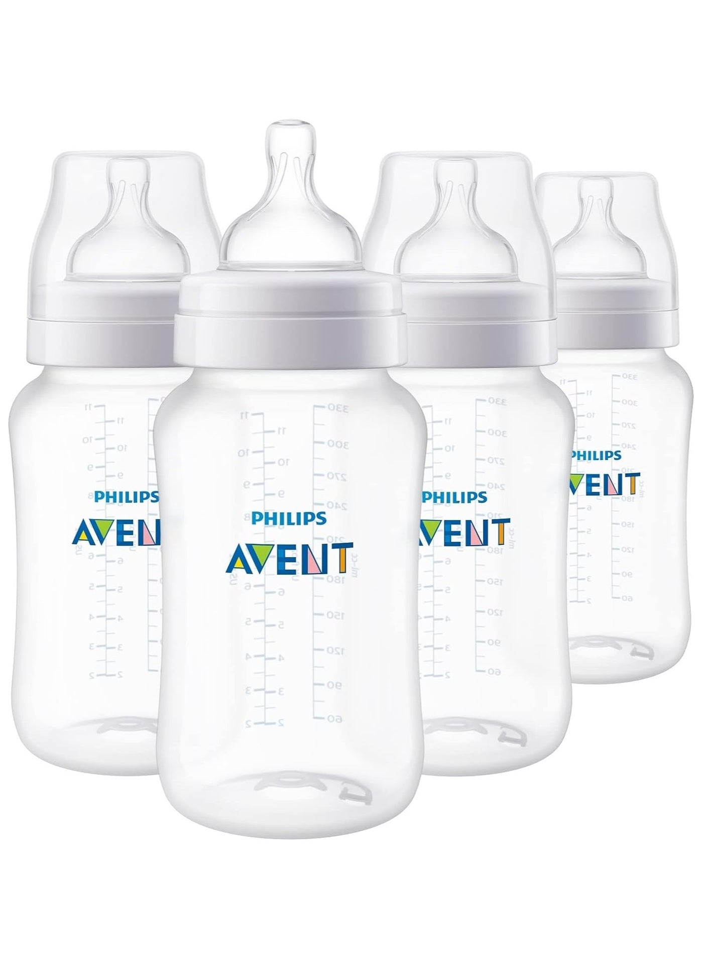 PHILIPS AVENT Philips Anti-Colic Baby Bottles, 330ml with Flow 3 Nipples, 3m+, 4pk, Clear