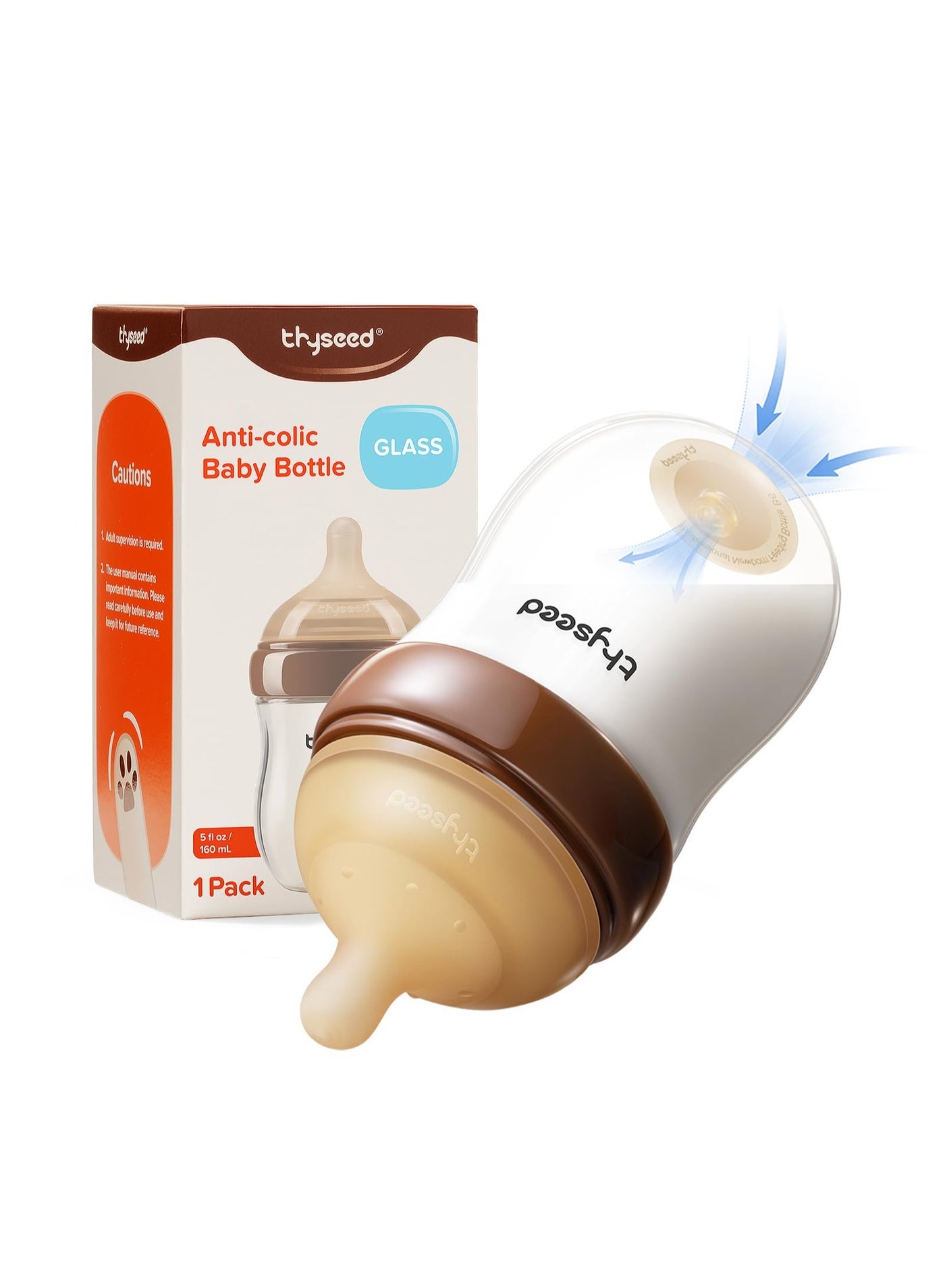 THYSEED Natural Anti-Colic Glass Baby Bottle 160ml for Infants (2–3 Months) | BPA-Free Safe Feeding Bottle | Heat Resistant Glass | Soft Silicone Nipple | Easy to Clean