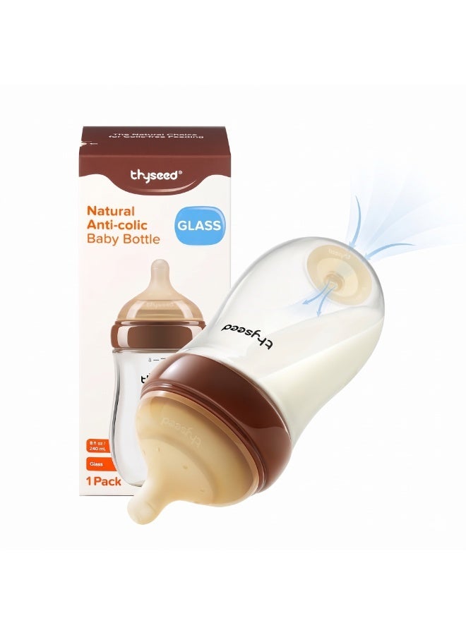 THYSEED Natural Anti-Colic Glass Baby Bottle 240ml for Babies (3–6 Months) | BPA-Free Safe Feeding Bottle | Heat Resistant Glass | Soft Silicone Nipple | Easy to Clean Infant Milk Bottle