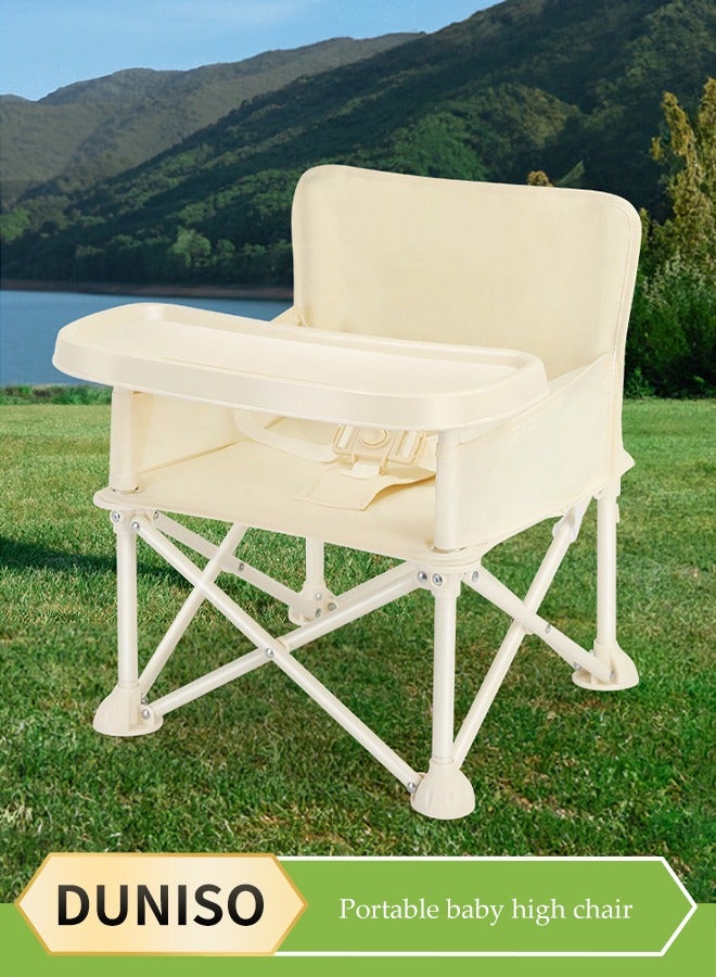 Baby Travel Booster Seat, compact toddler feeding chair, portable children's dining chair，with detachable tray and seat belt, suitable for indoor and outdoor use, camping, beach, lawn use，beige