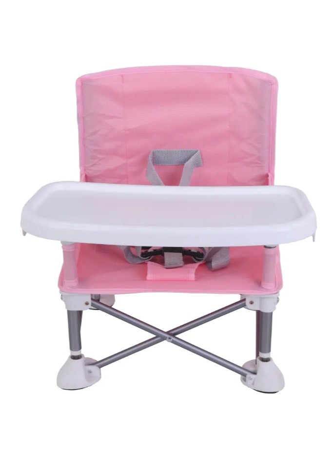 Baby booster chair with removable tray – Foldable feeding chair with safety belt, lightweight and suitable for home and travel use with bag travel (Pink) 1-2 YEARS